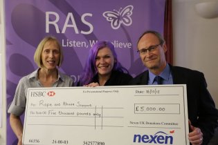 Volunteer Co-ordinator and Outreach Support Worker Shannon Milne and Centre Co-ordinator Anne Fettes accept the £5000 cheque from Colin Taylor - Field Manager of Nexen’s Golden Eagle development Volunteer Co-ordinator and Outreach Support Worker Shannon Milne and Centre Co-ordinator Anne Fettes accept the £5000 cheque from Colin Taylor - Field Manager of Nexen’s Golden Eagle development