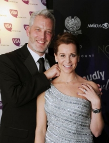 L-R Garreth Wood and Sally Finnie wearing the diamond necklace donated by Garreth and supported by Finnies the Jewellers