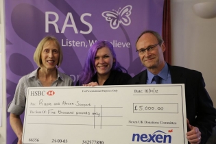 Volunteer Co-ordinator and Outreach Support Worker Shannon Milne and Centre Co-ordinator Anne Fettes accept the £5000 cheque from Colin Taylor - Field Manager of Nexen’s Golden Eagle development