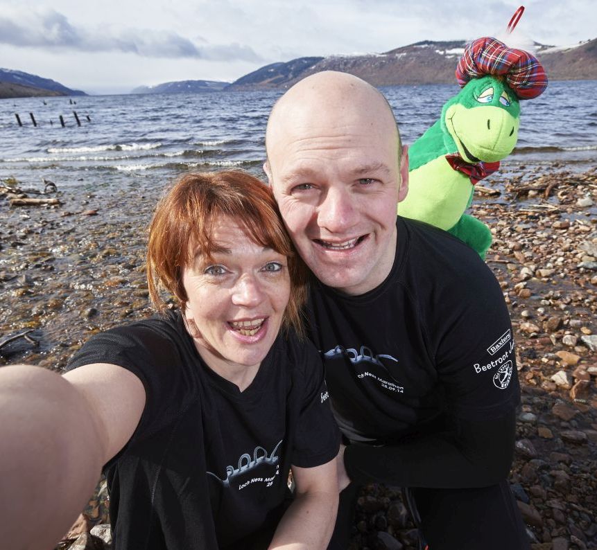 Loch Ness Marathon selfie with Nessie story. Tricker PR
